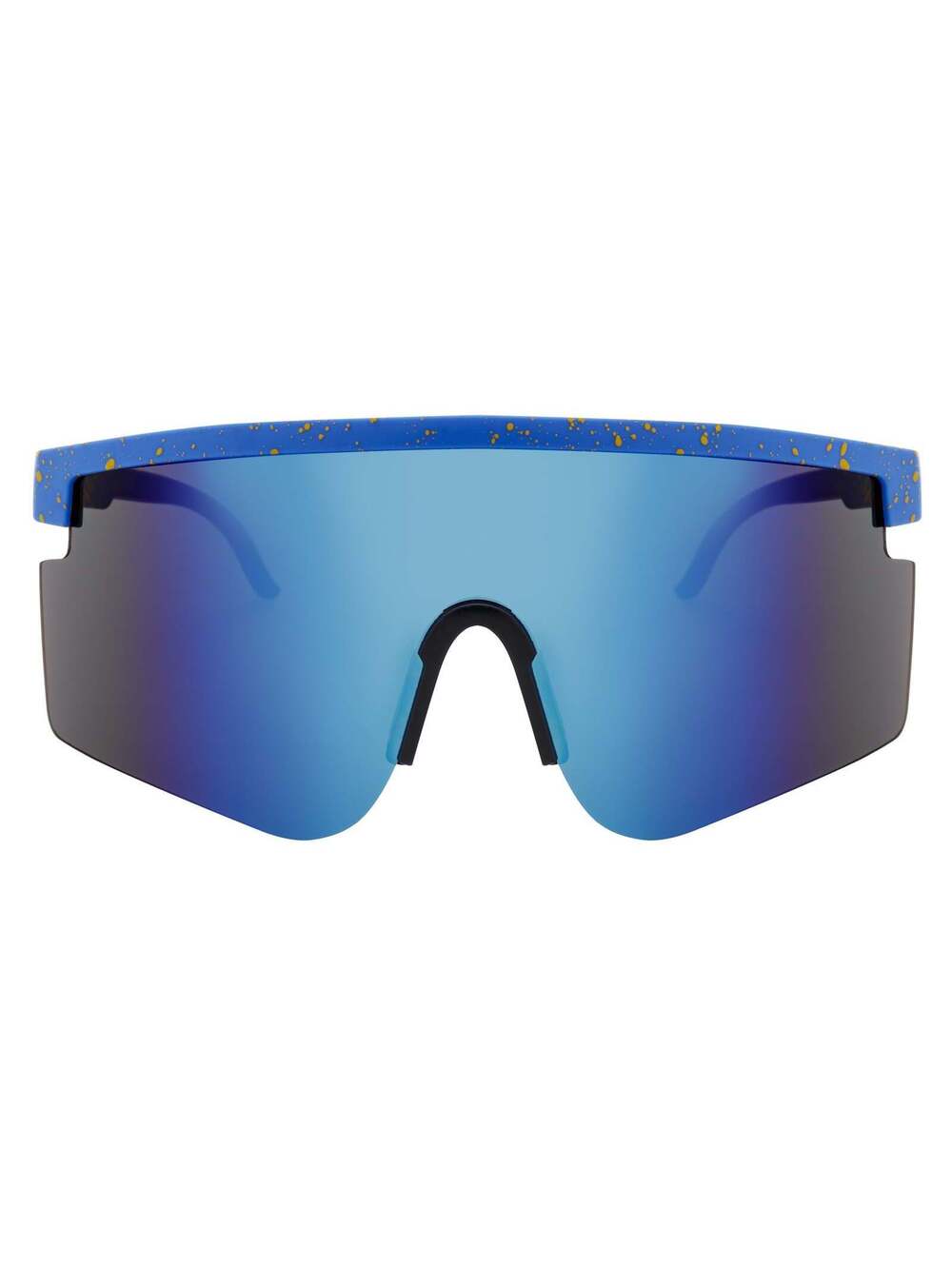 Morspecs Monolith shield sunglasses black yellow-speckled blue mirror lens